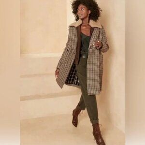 BANANA REPUBLIC Italian Double Faced Top Coat Wool Blend in Camel/Black Plaid XS